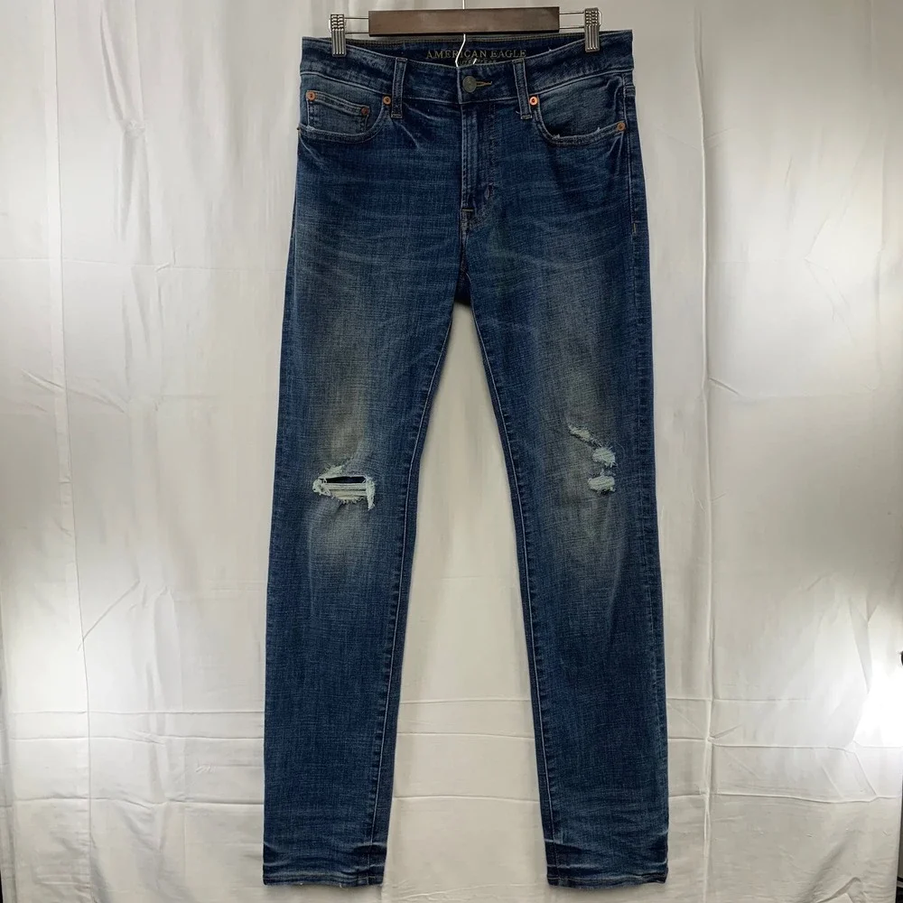 American‎ Eagle Slim Straight Jeans Mens 30x34 Blue Distressed Ne(x)t Level Flex